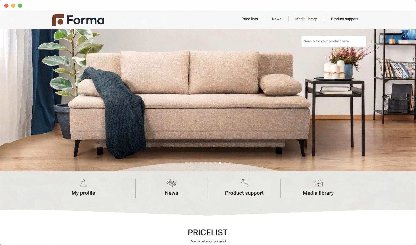 Forma website shown in a browser displaying a sofa product page