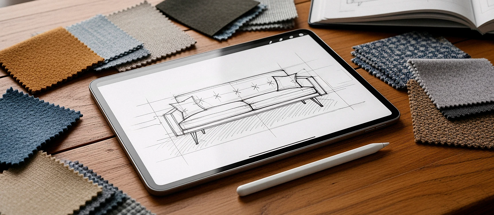 Tablet showing an architectural floor plan on a desk with fabric swatches