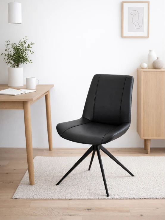 Black upholstered swivel dining chair with wooden legs