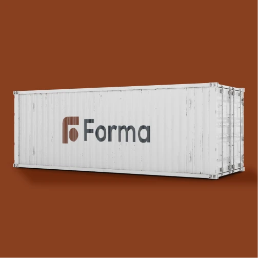 Shipping container branded with the Forma logo