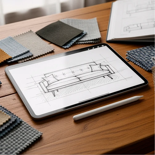 Desk with architectural drawings, a laptop and a pen