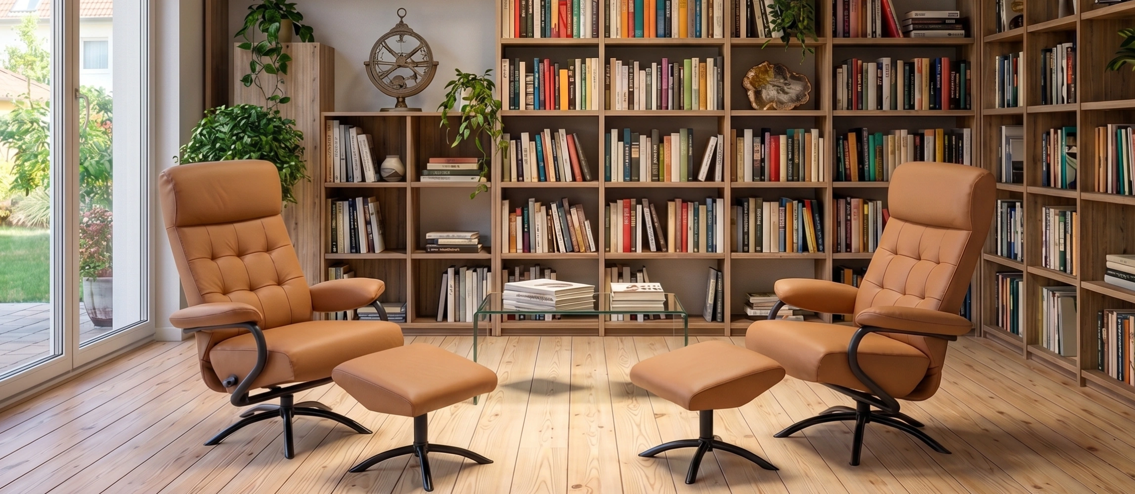 Tan leather recliner chair with footstool in front of a large bookshelf
