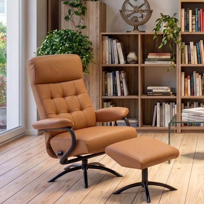 Tan leather recliner chair with footstool by a bookshelf