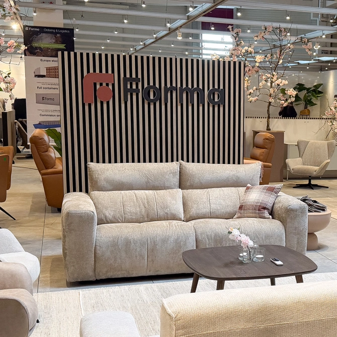 Forma showroom with sofas and a wood-slat wall