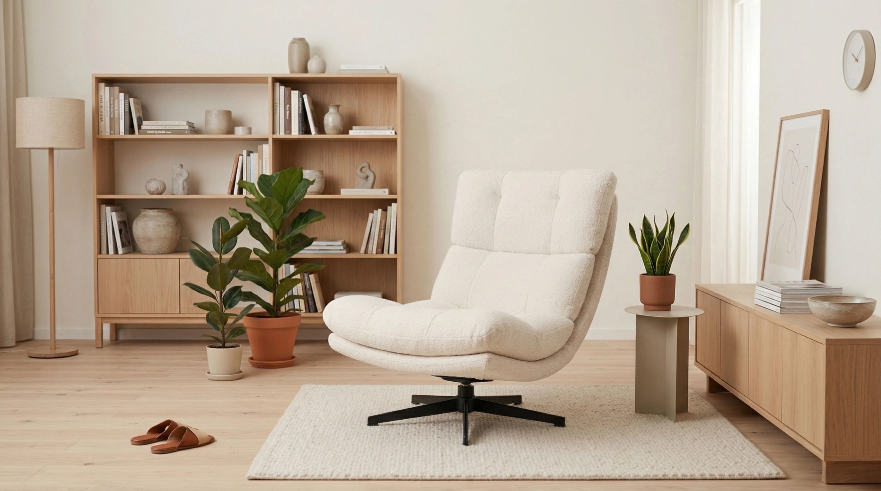 White swivel lounge chair in a bright room with wooden shelves and plants