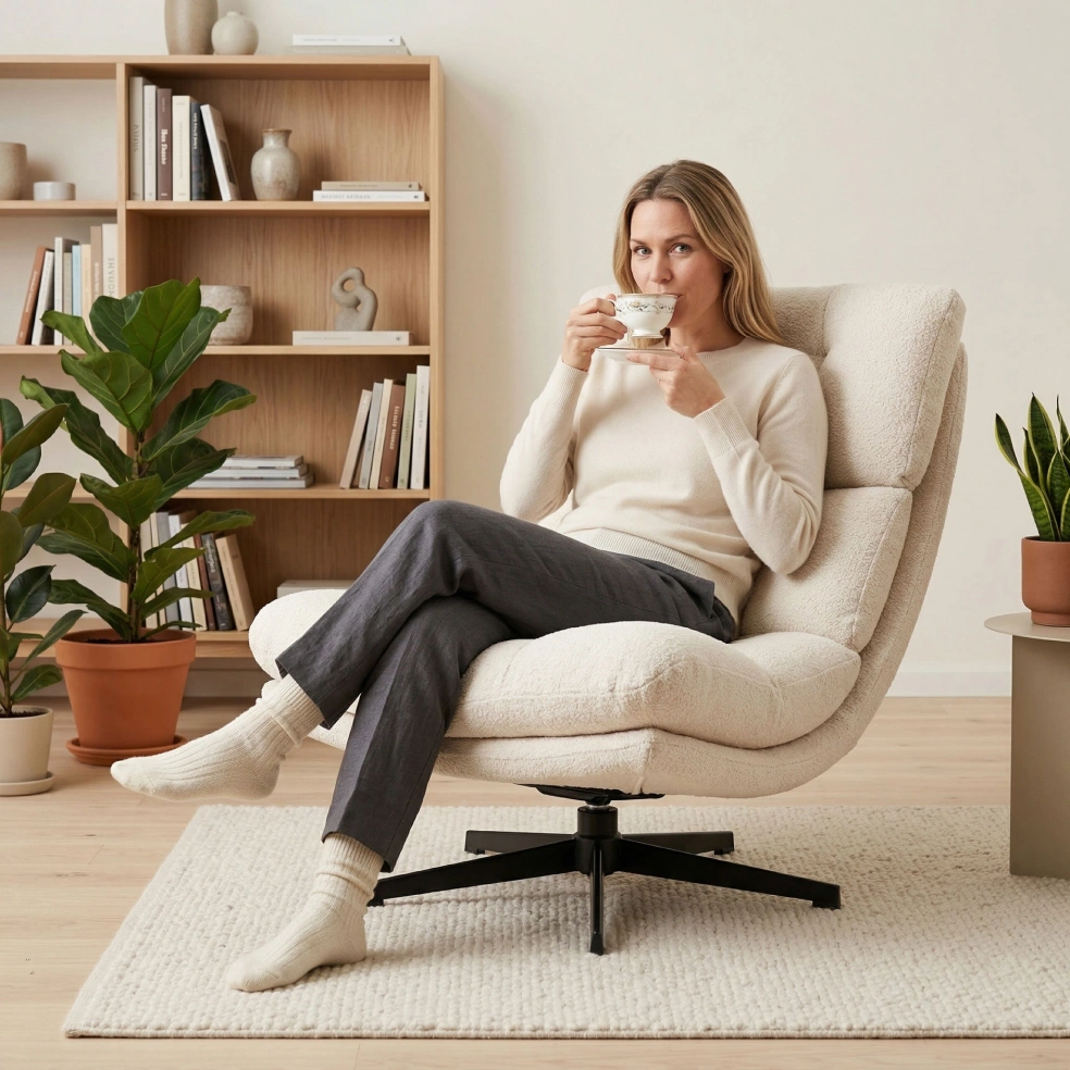 Woman relaxing in a white recliner chair in a bright living room