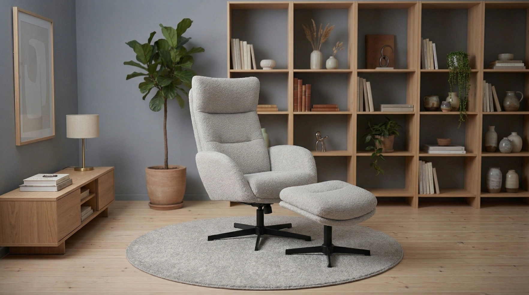 Grey recliner chair with footstool in a living room with a blue accent wall