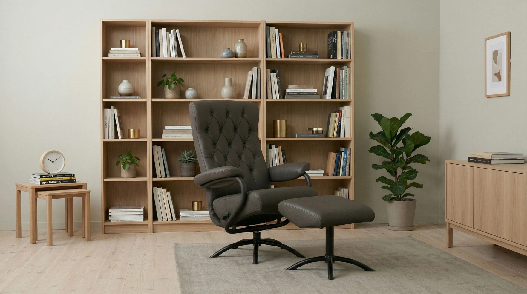 Black leather recliner chair with footstool against a large bookshelf wall