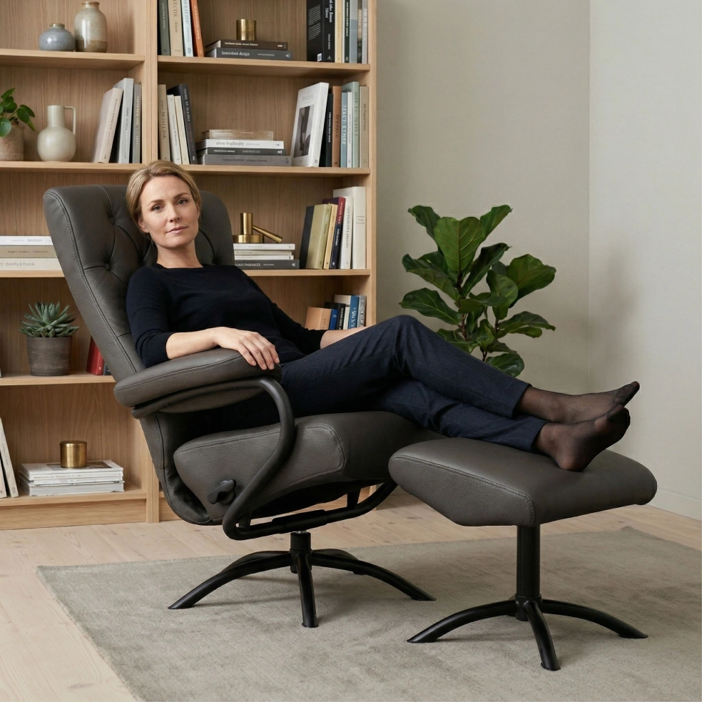 Woman sitting in a black leather recliner chair with footstool