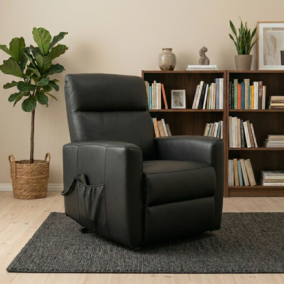 Grey recliner armchair in a styled living room with bookshelves
