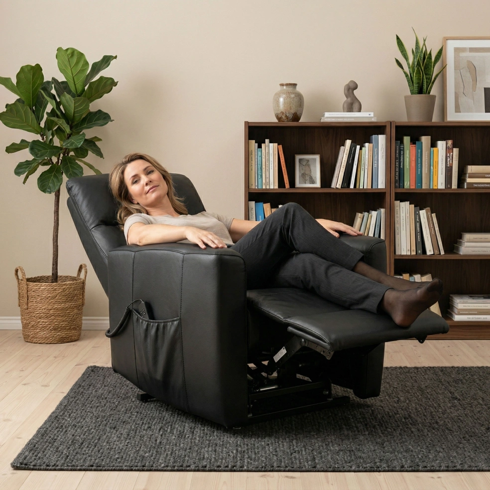 Woman relaxing in a grey recliner chair with the footrest raised