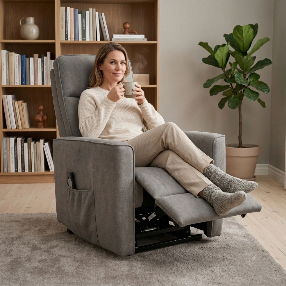 Woman reclining in a grey recliner chair with the footrest raised