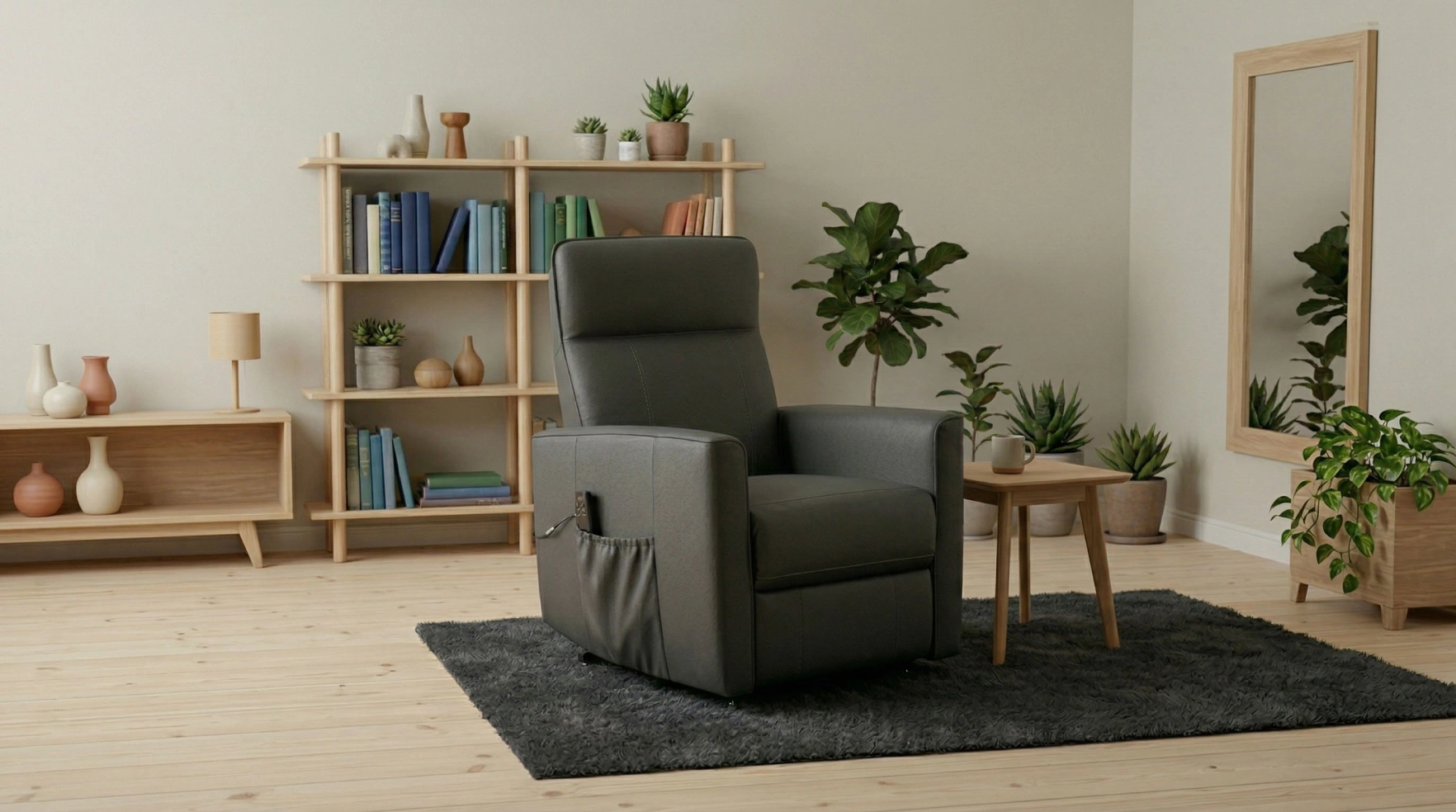 Grey recliner armchair in a styled living room with a mirror and shelves
