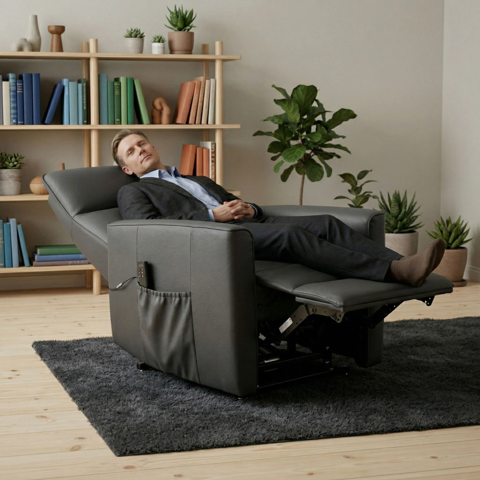 Man reclining fully in a grey recliner chair in a living room