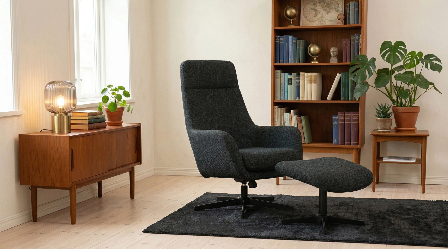 Dark grey recliner chair with footstool in a living room with a sideboard
