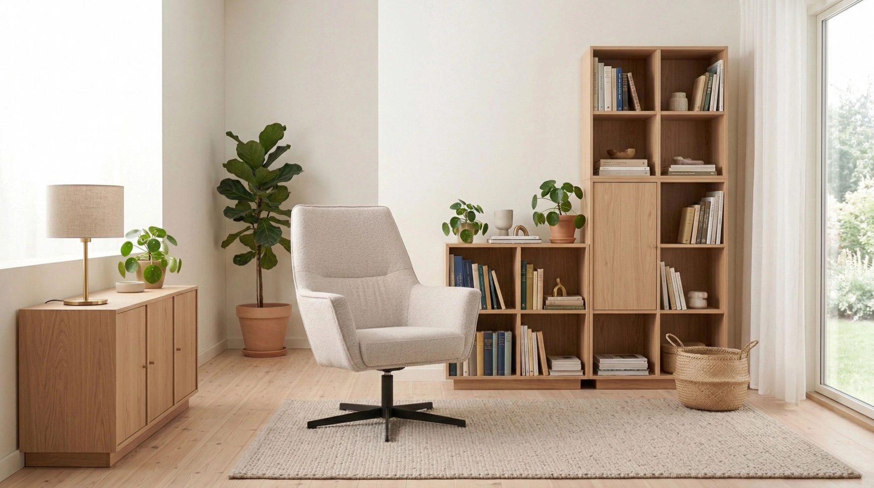 Light grey armchair in a bright living room with shelves and a plant