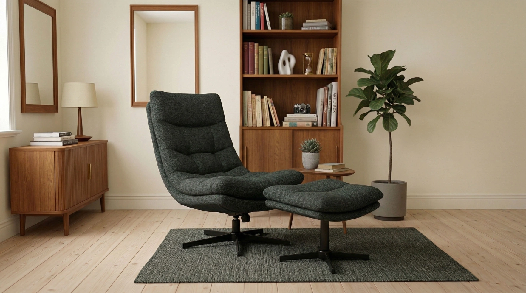 Dark grey recliner chair with footstool in a styled living room