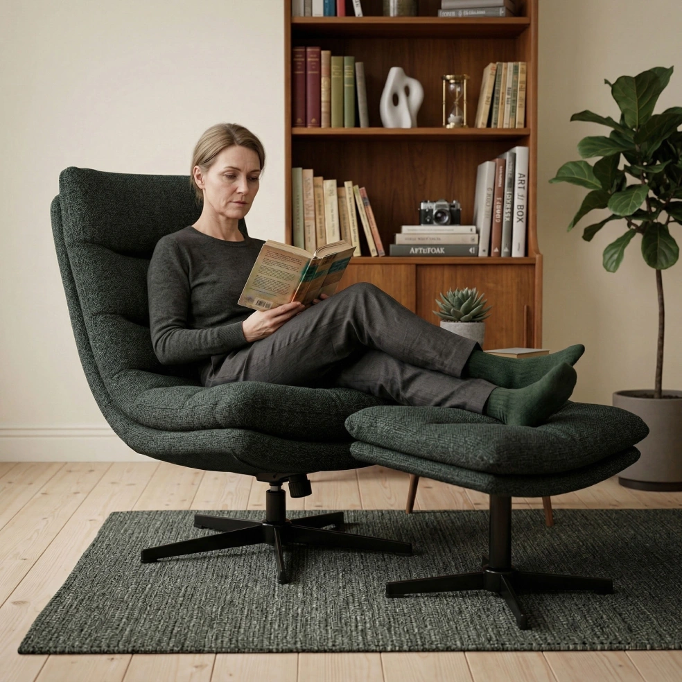 Woman reading in a dark grey recliner chair with footstool