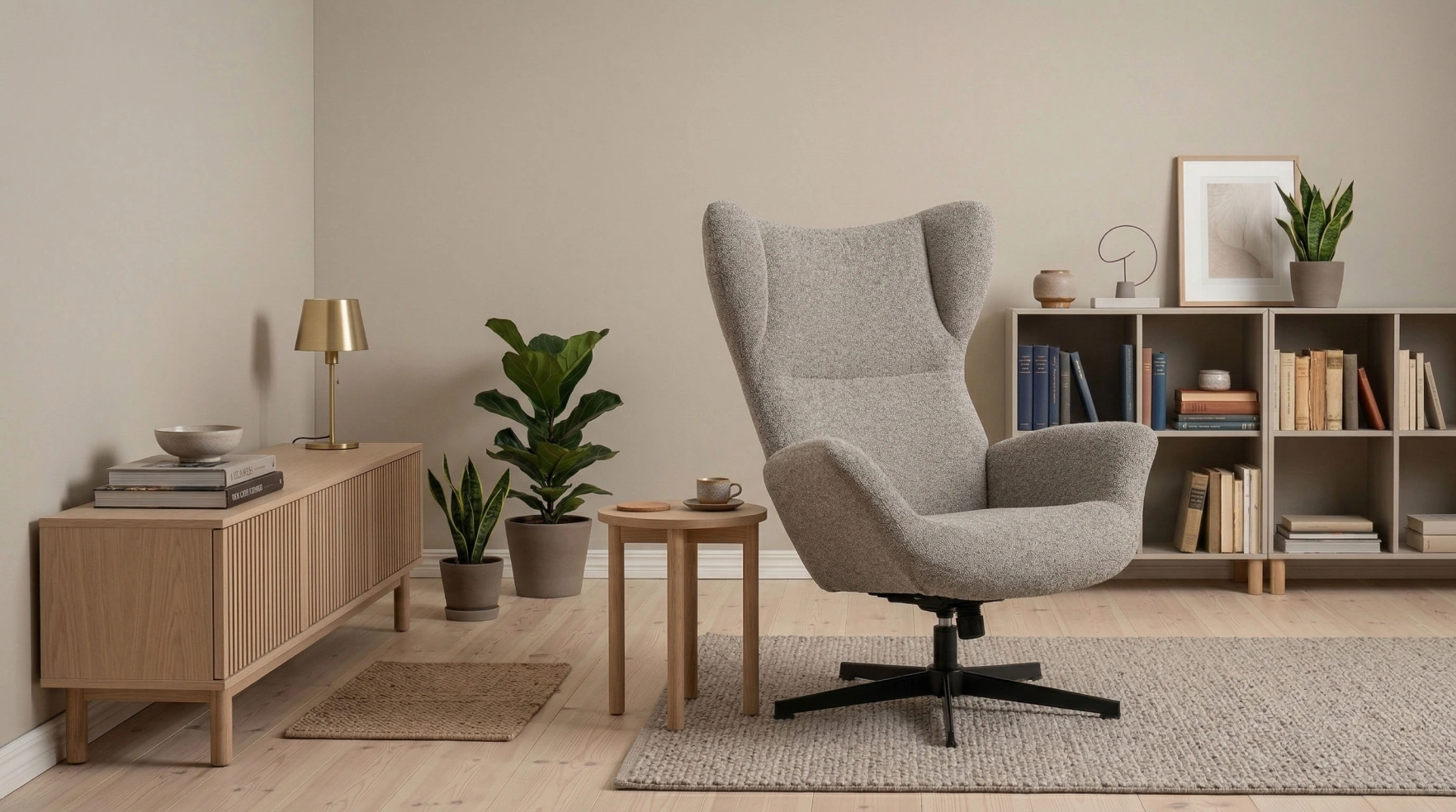 Grey high-back recliner chair in a living room with a sideboard and plants