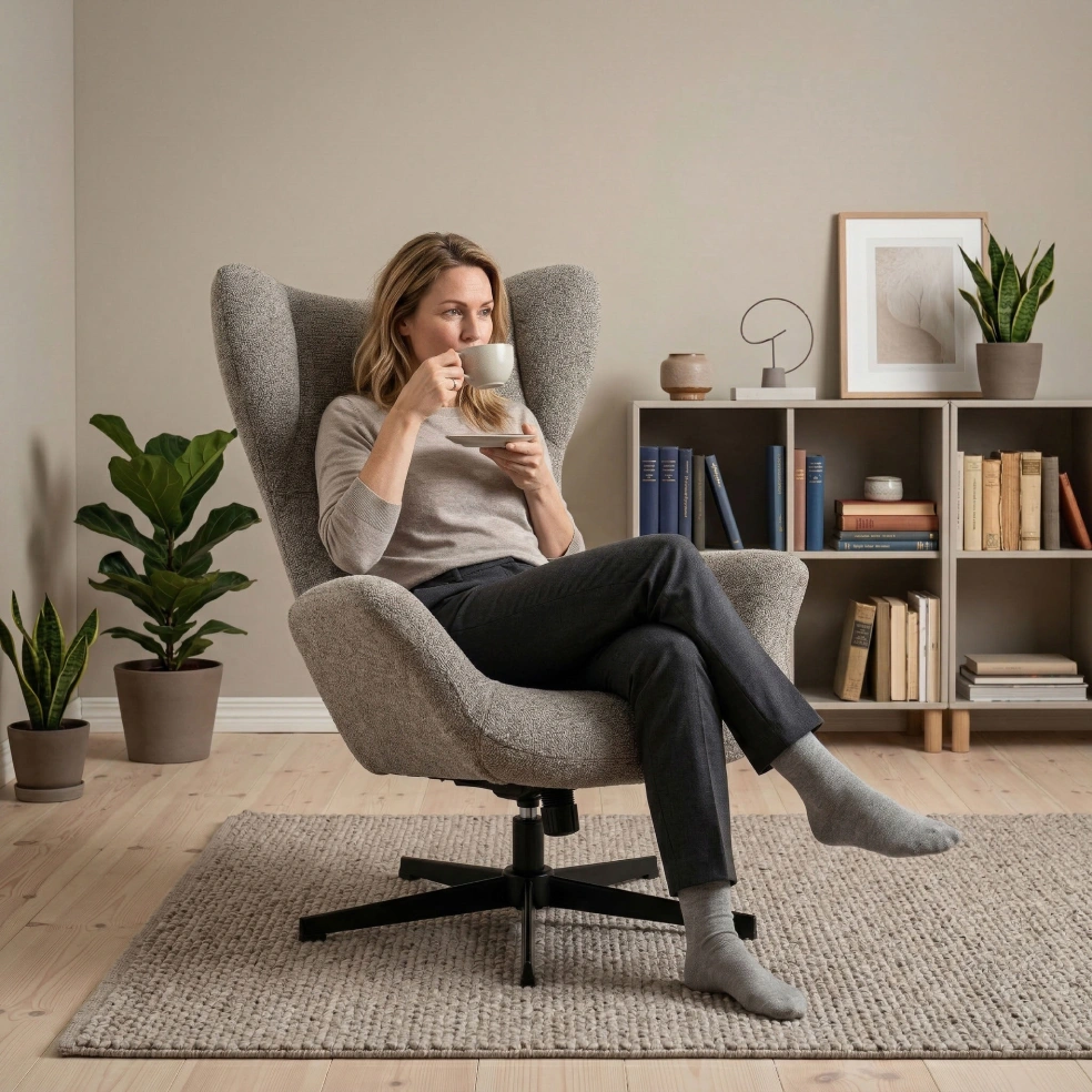 Woman relaxing in a grey recliner chair in a styled living room