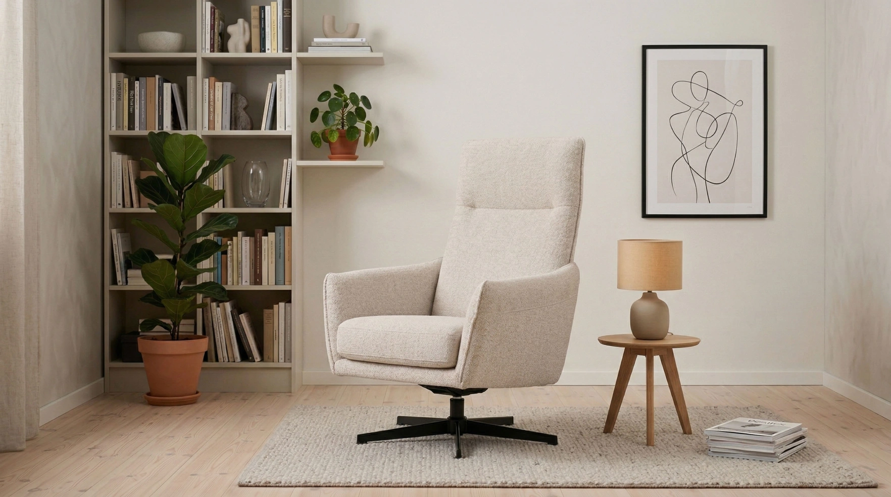 White recliner armchair in a living room with bookshelves and a lamp