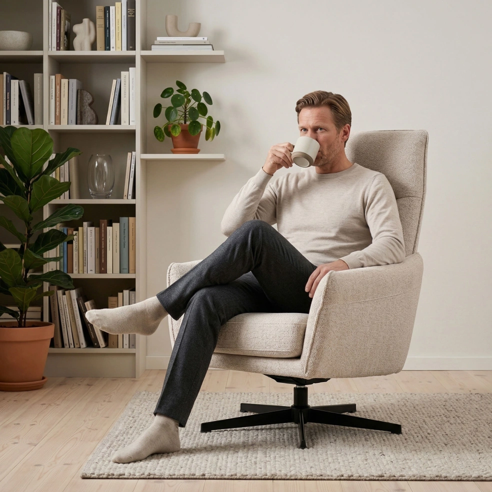 Man sitting in a white armchair in a living room with bookshelves